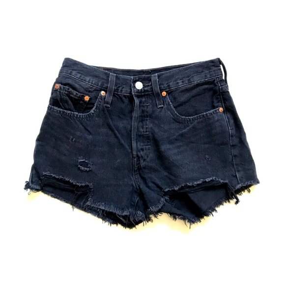 Levi's 501 Cut Off Denim Shorts Womens 24 Black Button Fly High Rise Raw Hem - Picture 5 of 13